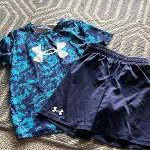 Under Armour Blue Teal Camo Performance Tee with Navy Shorts